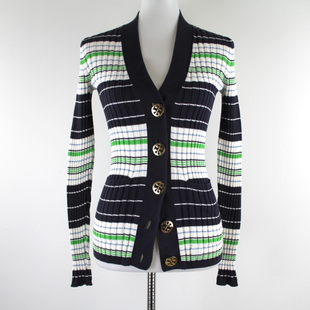 Tory Burch Navy, White & Green Striped Ribbed Cardigan